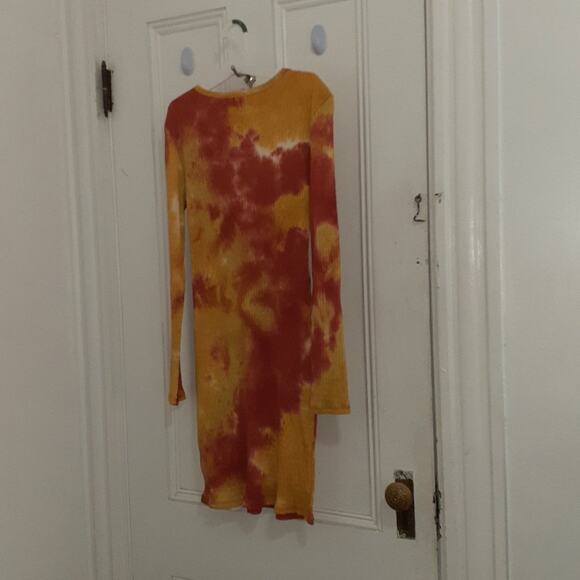 Orange /Rust Tie Dye Ribbed Bodycon Long Sleeve Dress - Picture 6 of 6